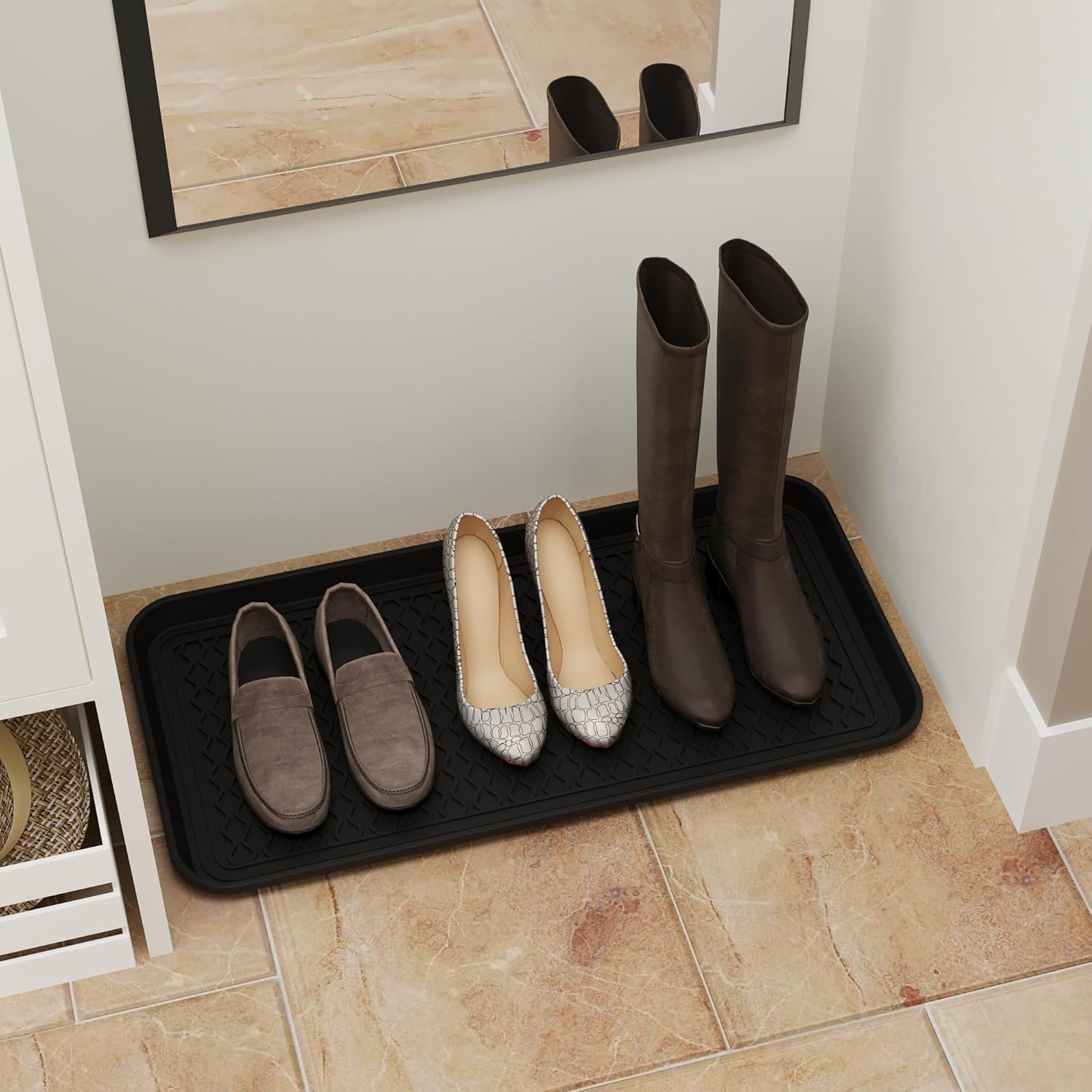 Ottomanson 15” x 30” Multi-Purpose Boot Tray - Waterproof Mat for Shoes, Pet Food, Litter Box, Painting & Planting - 1.2” Raised Edge for Spill Protection