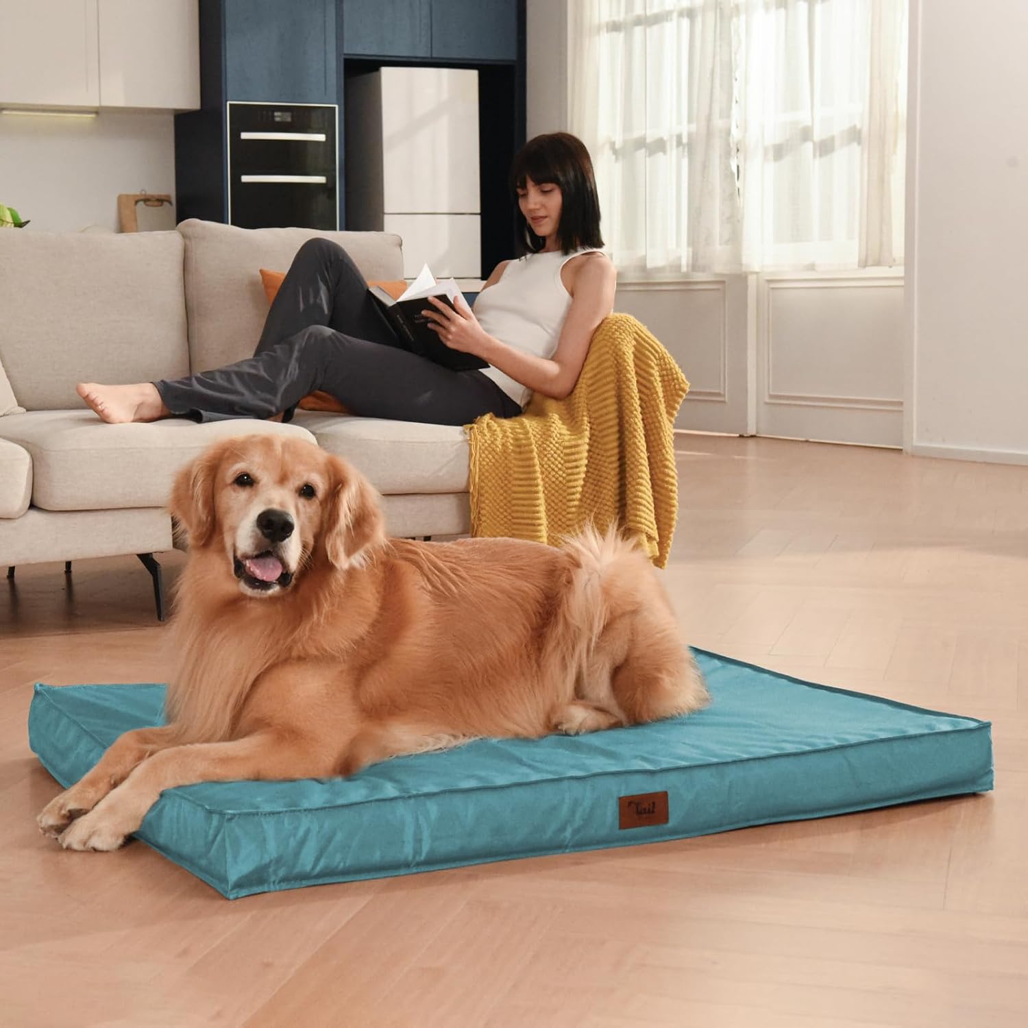 Outdoor Extra Large Dog Bed, Jumbo Waterproof Dog Bed for Large Dogs, Orthopedic Egg Foam Pet Bed Mat with Removable Oxford Cooling Cover, Light Blue