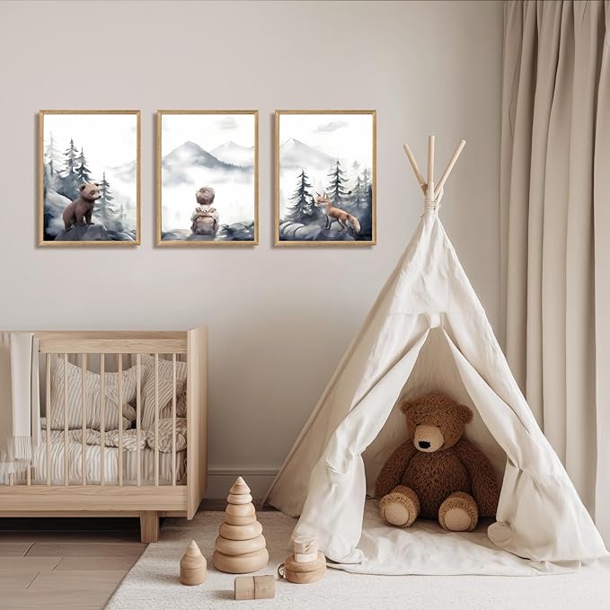 Cyebmo Woodland Boy Nursery Wall Art Set of 3, Whimsical Boy Adventure Wall Decor, Mountain Forest Animal Bear Fox Canvas Painting for Classroom Kids Room Baby Nursery Wood Framed 16"x24"x3