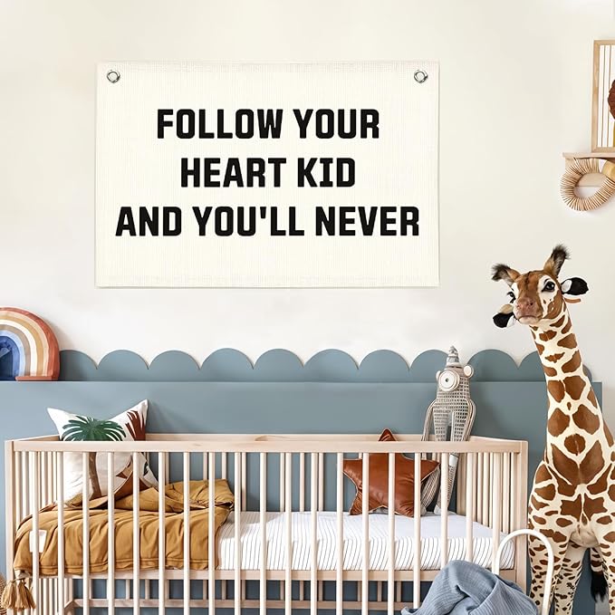 Lacama Follow Your Heart Kid And You'll Never Banner Kids Room Inspirational Mental Heath Pennant Banner Wall Hanging Decor for Girl Boy, 30x20 Inch