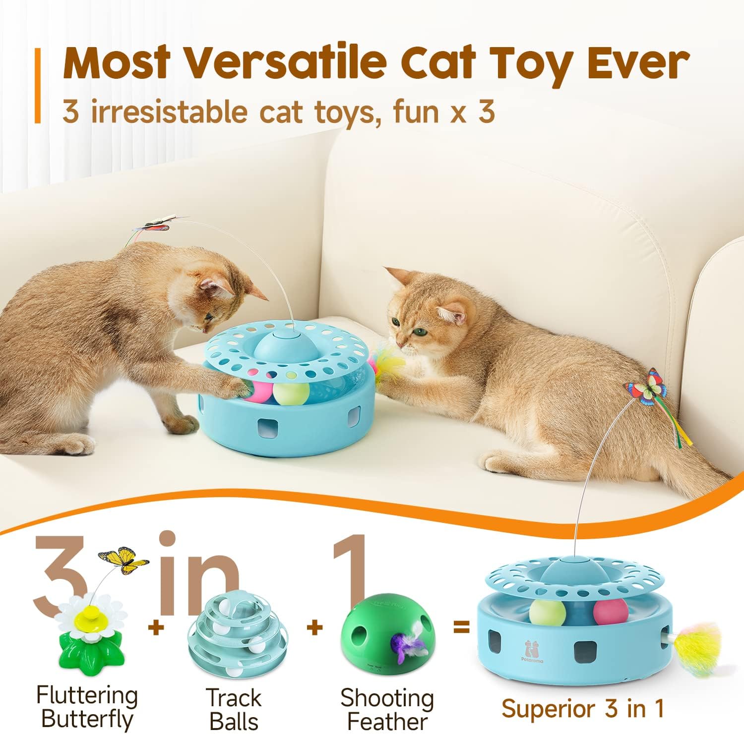 Potaroma Cat Toys 3-in-1 Automatic Interactive Kitten Toy, Fluttering Butterfly, Random Moving Ambush Feather, Track Balls, Dual Power Supplies, USB Powered, Indoor Exercise Cat Kicker (Blue)