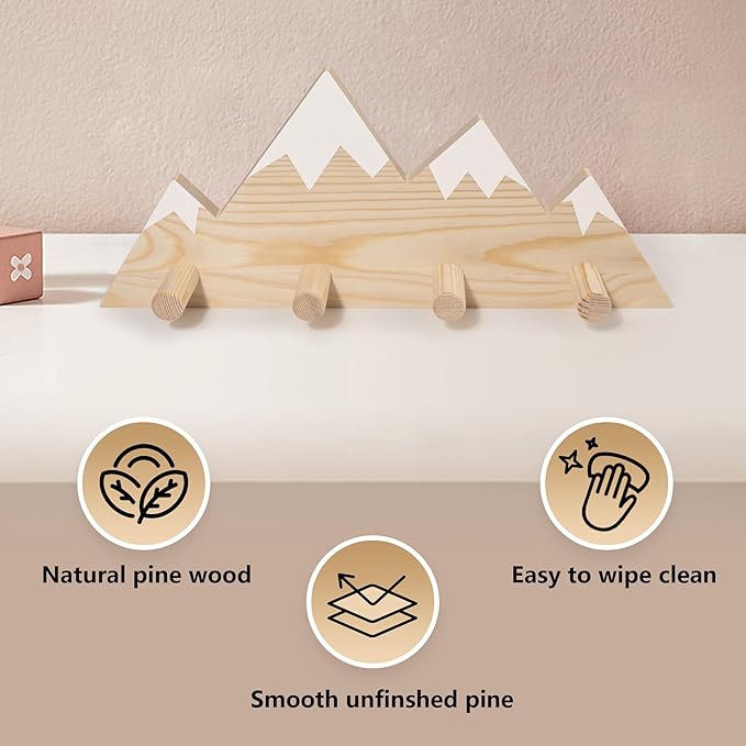 Mountain Wall Hooks - Woodland Nursery Decor - Wall Mount Organizer for Kids Coats & Towels - Ideal Adventure Mountain Decor Baby Shower Gifts - Natural Finish