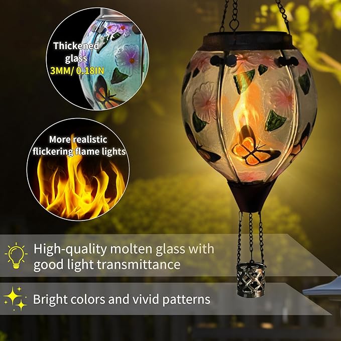 Hot Air Balloon Solar Lantern with Flickering Flame, Glass Hanging Garden Lights Outdoor Waterproof for Tree Yard Patio Mother's Day Gift, 18" H Butterfly