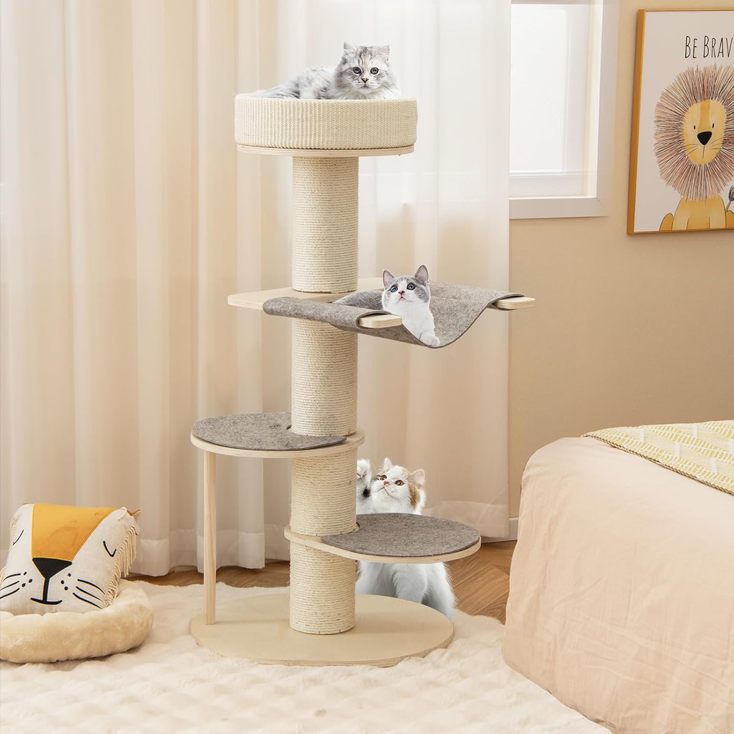 Tangkula Wood Cat Tree, 47 Inch Multi-Layer Cat Tower with 5.7” Thicker Sisal Covered Scratching Posts & Carpet, Padded Top Perch, 2 Jumping Platforms, Hammock, Modern Cat Tree Tower for Indoor Cats