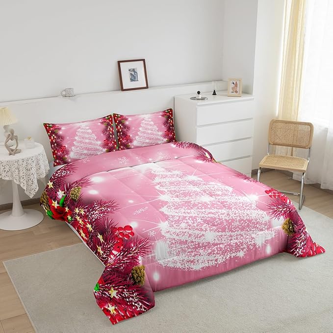 Feelyou Kids Merry Christmas Decorations Comforter Set, Kids Santa Tree Bedding Set King Size for Boys Girls Teens Xmas Christmas Bell Decor Comforter Glitter Pink Quilt Set