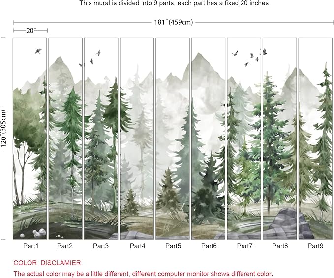 Forest Wallpaper Watercolor Green Woodland Mural Wallpaper for Nursery Room (Not Peel n' Stick)