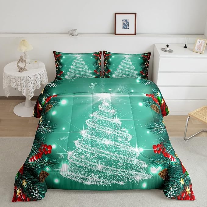 Feelyou Merry Christmas Comforter Set, Kids Santa Tree Glitter Bedding Comforter Full Size for Boys Girls Xmas Christmas Bell Decor,1 Comforter + 2 Pillow Cases Boys
