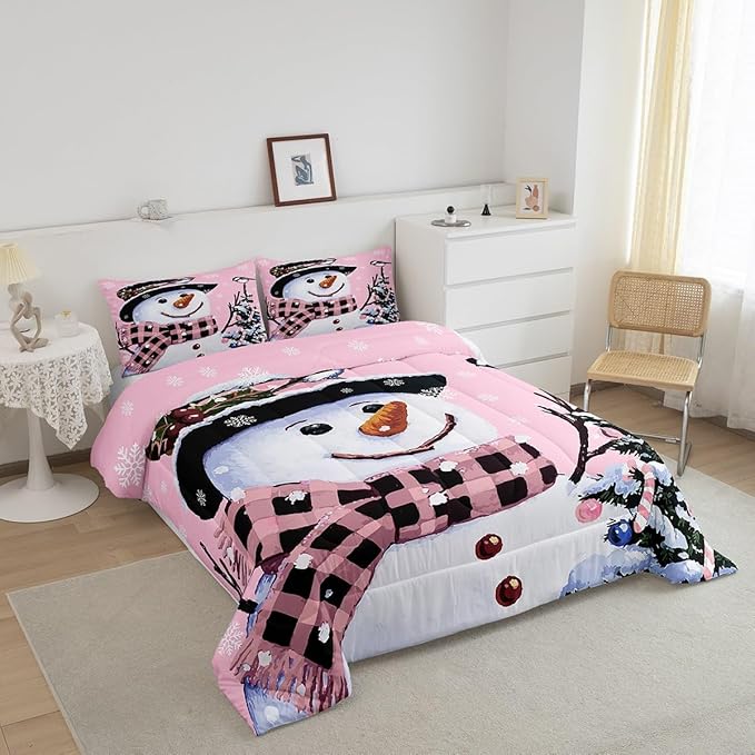 Feelyou Kids Christmas Theme Decorations Bedding Set Xmas Snowman Comforter Set for Boys Girls Snowflake Kawaii Cute Comforter Girly Pink Quilt Set Bedroom Collection Twin Size