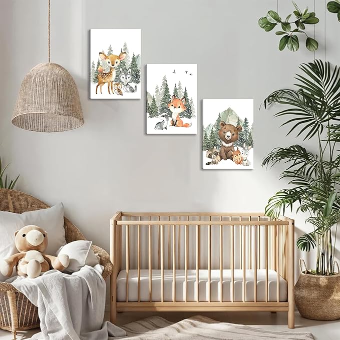 3Pcs Woodland Animal Nursery Canvas Wall Art Forest Adventure Theme Animals Picture Posters Wall Decor Cute Watercolor Deer Bear Fox Painting Print Artwork for Kids Baby Bedroom Decor 16x24in