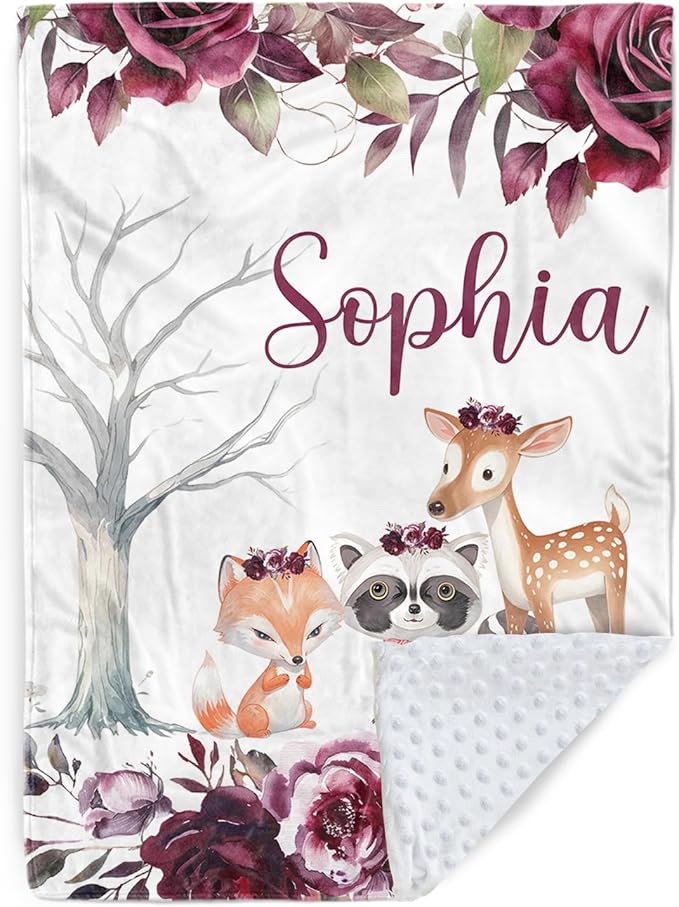 Custom Baby Blanket with Name, Double Layer Soft Dot Back Personalized Baby Blanket for Boys Girls, Woodland Blanket for Newborn Toddler, Customized Swaddle for Kids Birthday Gifts(30”x40)