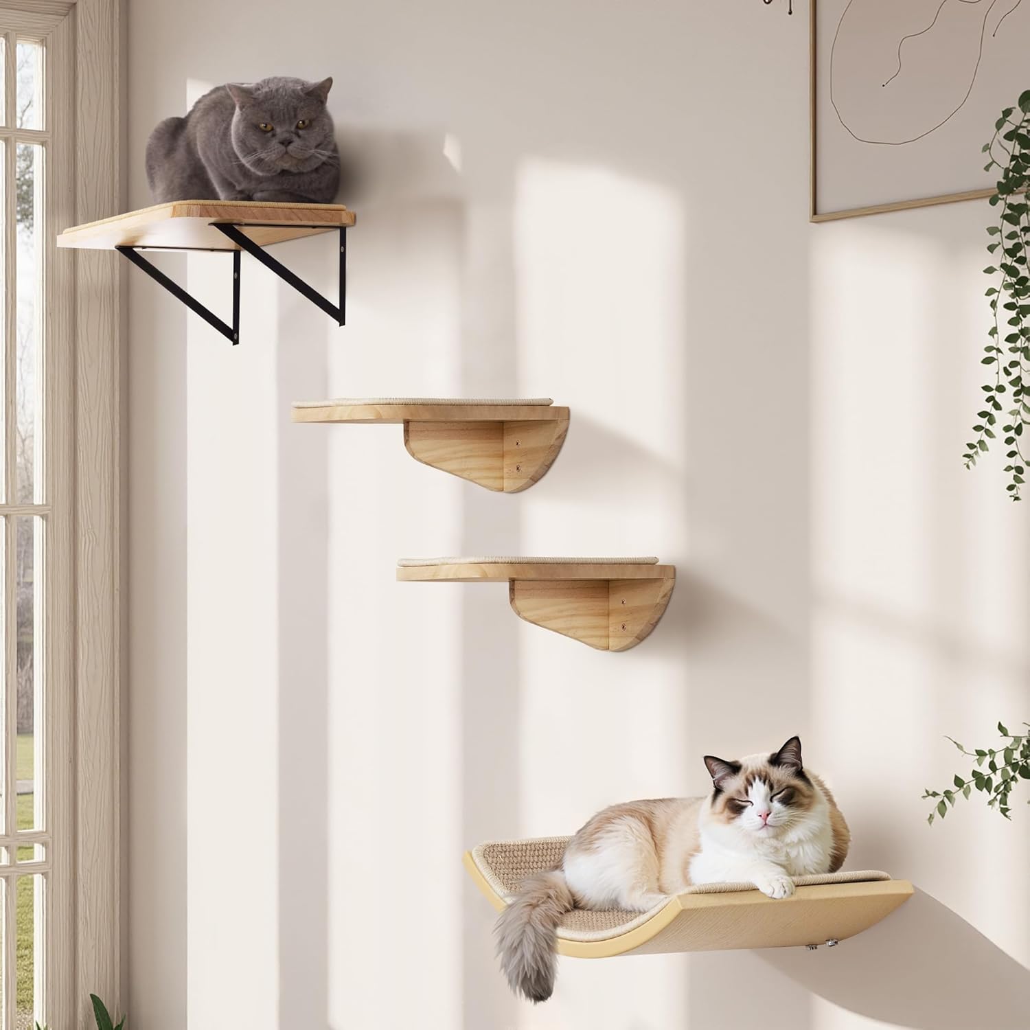 2PCS Cat Wall Shelves with Scratching Mat, 16.6x9.7 Inch Large Cat Wall Hammock Cats Furniture Shelf Window Perch Wall Mounted Beds for Household Pets Sleeping, Playing, Climbing