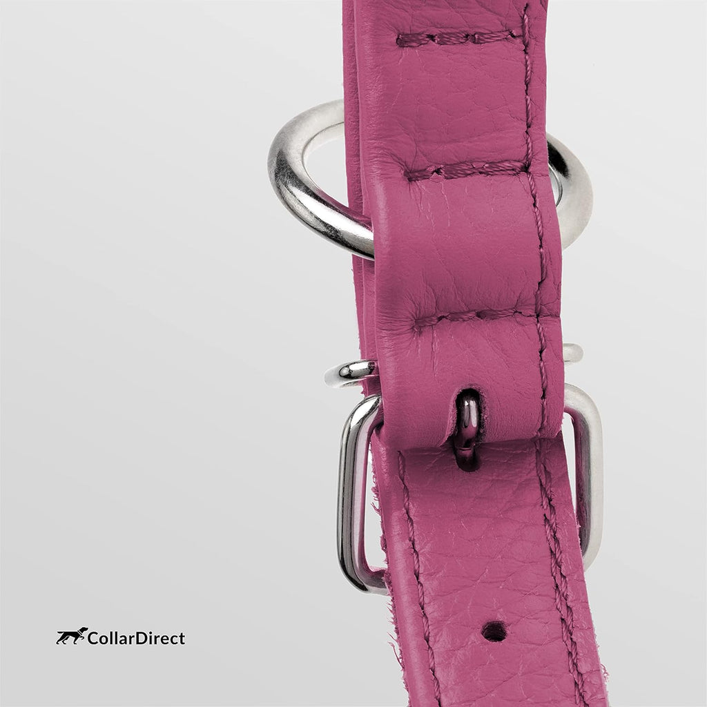 CollarDirect Rolled Leather Dog Collar, Soft Padded Round Puppy Collar, Handmade Genuine Leather Collar Dog Small Large Cat Collars 13 Colors (11-14 Inch, Pink Textured)