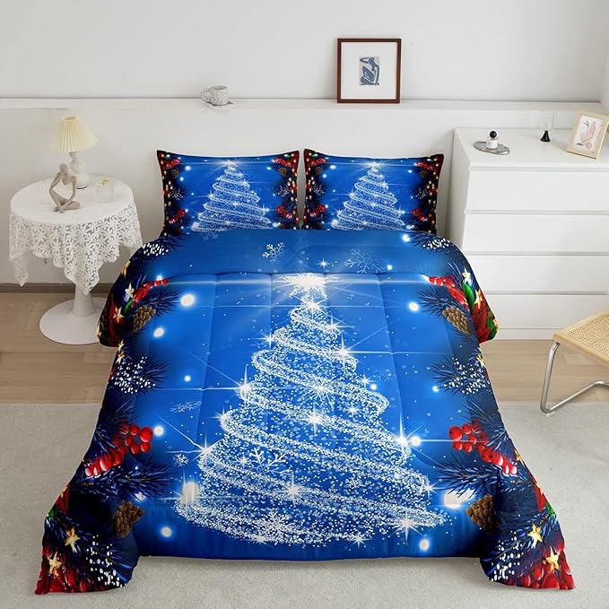 Feelyou Kids Merry Christmas Decorations Comforter Set, Kids Santa Tree Bedding Set Full Size for Boys Girls Teens Xmas Christmas Bell Decor Comforter Glitter Blue Quilt Set