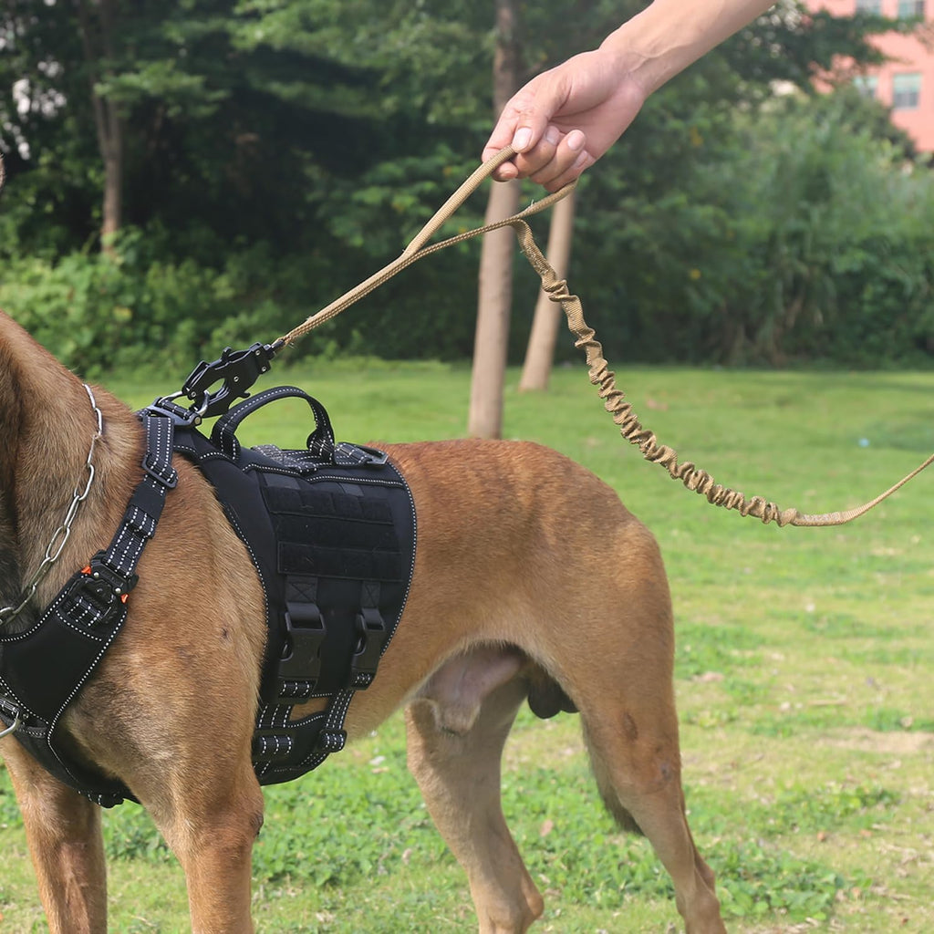 ICEFANG Tactical Dog Leash,K9 Training Walking Bungee Lead with 2 Control Handle,Heavy Duty Quick Release Metal Clasp,Hands Free D-Ring for Medium Large Dogs (4ft,Reflective Brown)