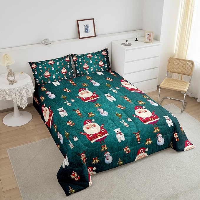 Christmas Comforter Set Cute Snowman Santa Claus Kids Decorations Bedding Set Boys Girls Bear Rabbit Comforter Christmas Bells Design Teal Blue Quilt with 1 Pillowcase 2Pcs Bedding Twin