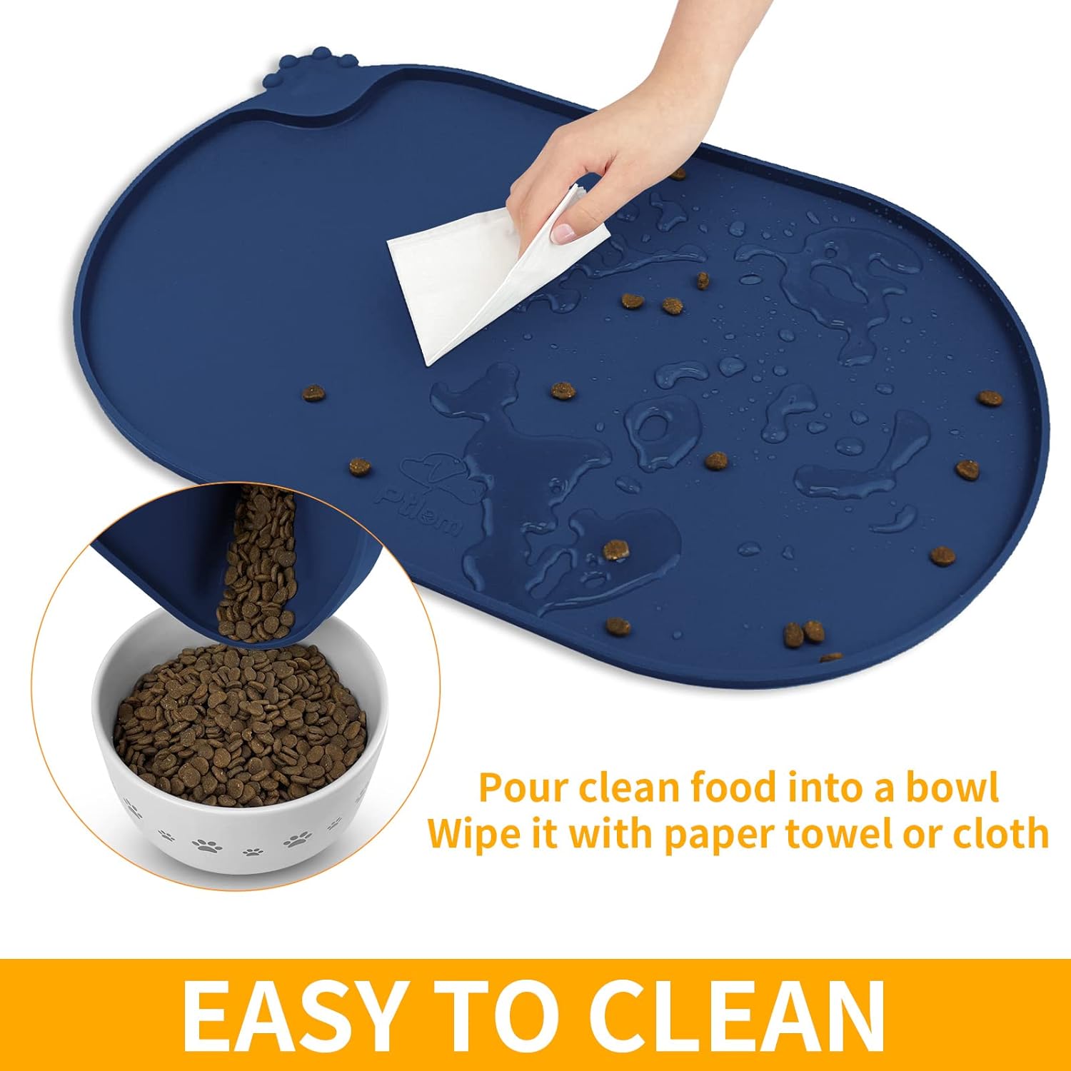 KPWACD Pet Placemat for Dog and Cat, Waterproof Silicone Dogs Feeding Bowl Mat Prevent Food and Water Overflow, High-Lips Puppy Dish Mats Suitable for Small Medium Big Pets, Navy, 24" * 16"