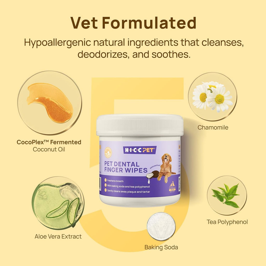 HICC PET Teeth Cleaning Wipes for Dogs & Cats, Remove Bad Breath by Removing Plaque and Tartar Buildup No-Rinse Dog Finger Toothbrush, Disposable Gentle Cleaning & Gum Care Pet Wipes, 100 Counts