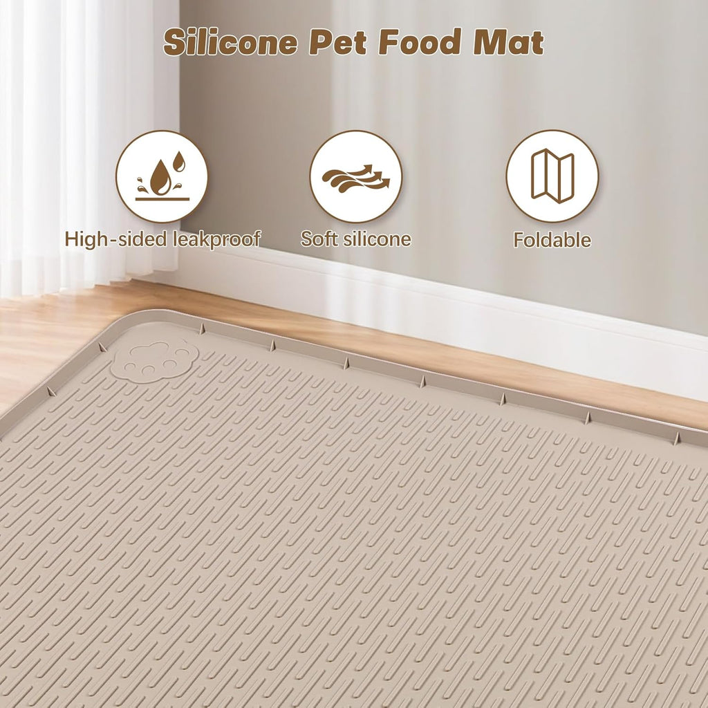 Cat Food Mat, 50" x 35" Extra Large Silicone Pet Feeding Mat with Raised Edge Pet Placemat for Food and Water Bowl Non-Slip, Easy to Clean, Floor Protection (Khaki)
