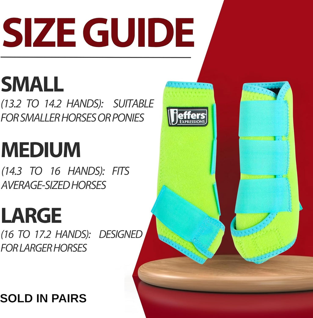 Jeffers Equine Neon Horse Boots – 1 Pair – Lime and Turquoise – Large Size – Breathable Neoprene, Secure Strap Closures – Durable Protection for Front & Hind Legs, Training, Trail & Riding Use