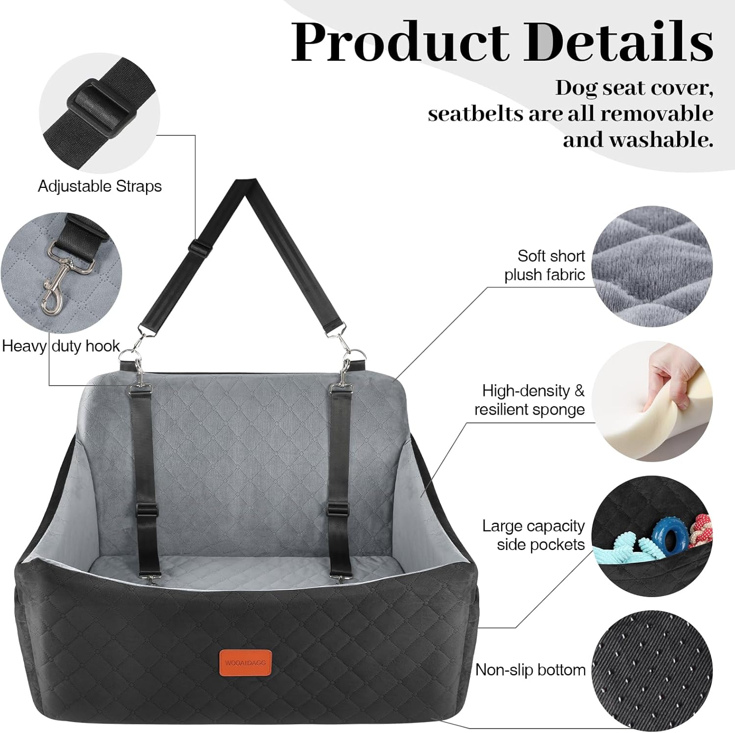 Dog Car Seat for Medium & Large Dogs Up to 55lbs, Memory Foam Cushion, Washable Cover, Safety Straps & Non-Slip Base(Black/Grey,Large)