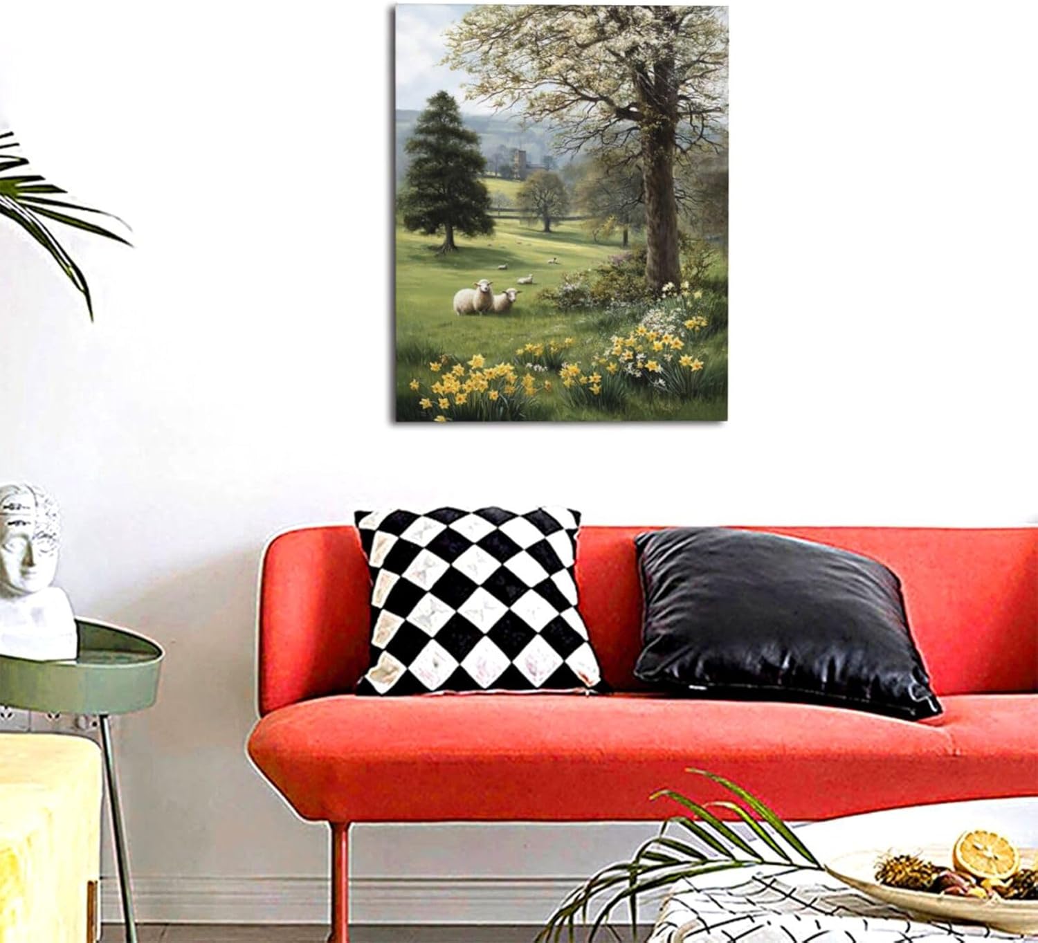 Country Sheep Canvas Wall Decor Farmhouse Rustic Lamb Wildflower Wall Art Nature Countryside Landscape Pictures Painting Print Framed Artwork Decorations for Bathroom Living Room Bedroom 16"x20"