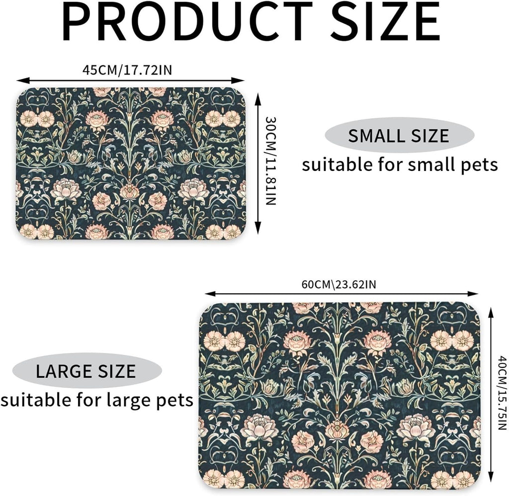 Pink Vintage Flower Dog Food Mat Absorbent Bowl Mats No Stains Quick Dry Waterproof Pet Cat Placemats for Food and Water, 30x45cm