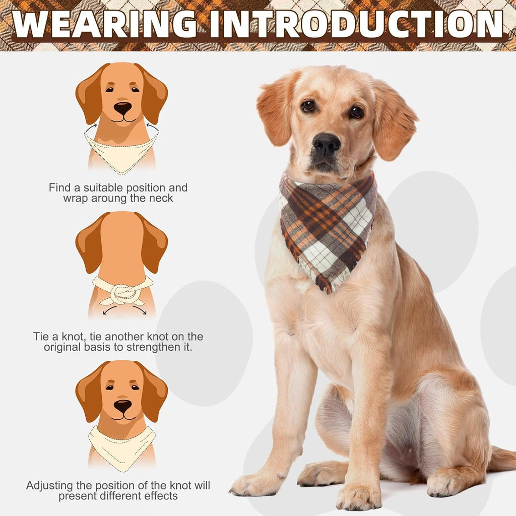 KOOLTAIL Thanksgiving Fall Dog Bandanas 4 Pack - Soft Breathable Washable Plaid Pet Scarf Bibs Kerchief, Dog Autumn Costume, Holiday Triangle Towel for Girl Boy Small Medium Large Dogs Cats, Orange L