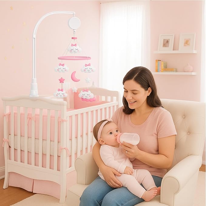 Baby Crib Mobile for Girls with Arm & Music Box | Pink Felt Clouds & Stars Design | Sensory & Soothing Nursery Decor for Baby Girls. Fits Most Cribs.