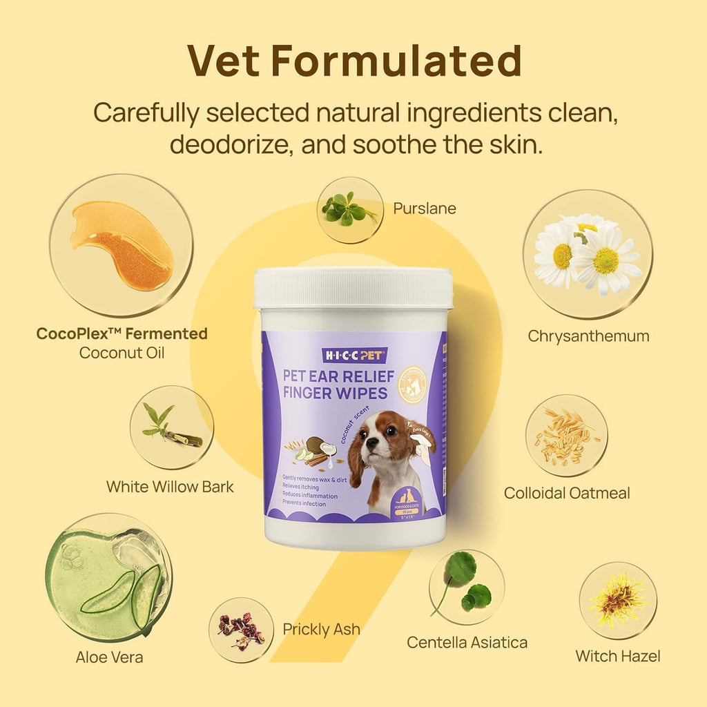 HICC PET Dog Ear Finger Wipes, Ear Cleaner Wipes for Dogs & Cats, Dog Ear Infection Treatment to Relief Itching & Inflammation, Remove Wax, Dirt & Stop Smelly, Non-Irritating, 50ct(Coconut Scent)