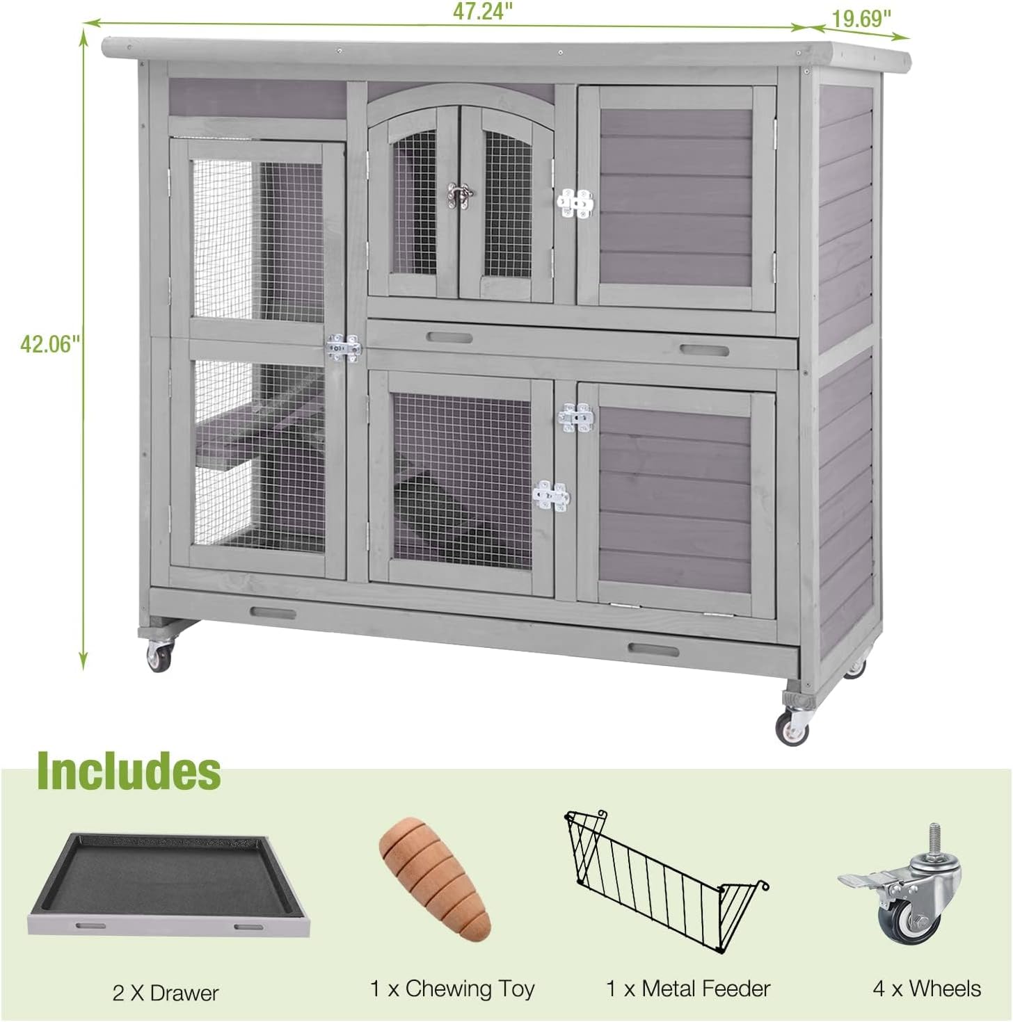 GUTINNEEN Guinea Pig Cage 2 Story Indoor Rabbit Hutch Outdoor Bunny House with Wheels and Leakproof Tray 47" L