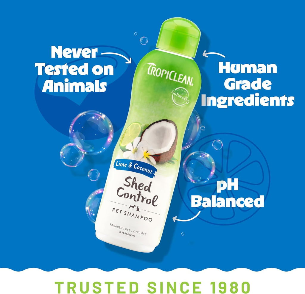 TropiClean Deshedding Dog Shampoo, Fast-Acting Shedding Control & Coat Softener, Puppy Safe, Made in USA, Lime & Coconut Scent, Cat Friendly, 20oz.
