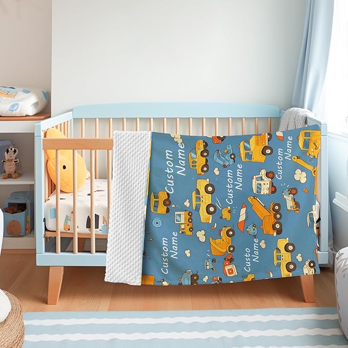 Custom Baby Blanket - Cartoon Cars Design Personalized Name Blanket, Soft Flannel Dot Infant Toddler Blanket for Boys, Customizable Nursery Bedding (60" x80)