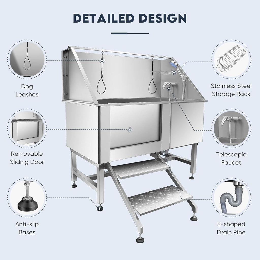 Dog Bathtub XL Professional 62inch Dog Washing Station Stainless Steel Pet Grooming Tub for Extra Large Dogs Wash Tub, Medium, Small Dogs Cats with Left Sliding Doors, Steps, Right Faucets