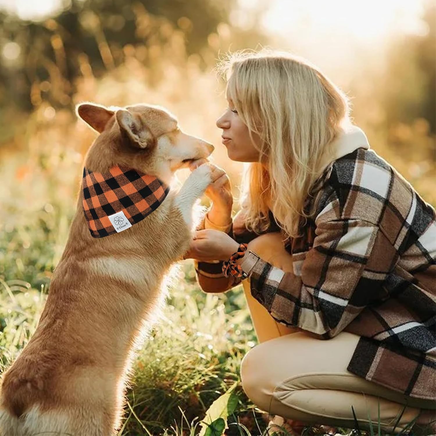 E-Clover Fall Dog Bandana & Matching Scrunchie-Orange Black Dog Bandanas Plaid Pet Scarf Bib for Small Dogs Puppy Girl Boy Owner Gift Orange