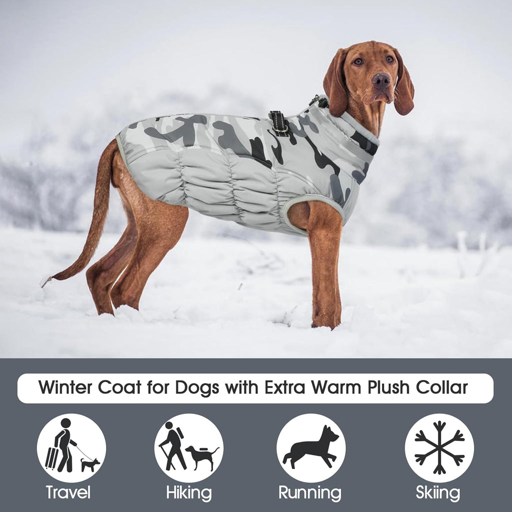 FUAMEY Dog Coat for Small Dogs,Waterproof Dog Winter Jacket with Harness Built in Puppy Cold Weather Coats Reflective Pet Vest with Zipper Warm Fleece Dogs Snowsuit Windproof Grey Camo XS