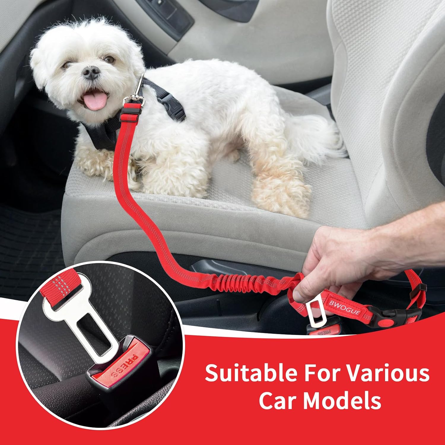 BWOGUE Pet Dog Cat Seat Belt Reflective Car Dog Headrest Restraint Leash Elastic Buffer Bungee Adjustable Tangle-Free Safety Leads Vehicle Seatbelt Harness for Small, Medium and Large Dogs (1 Pack)