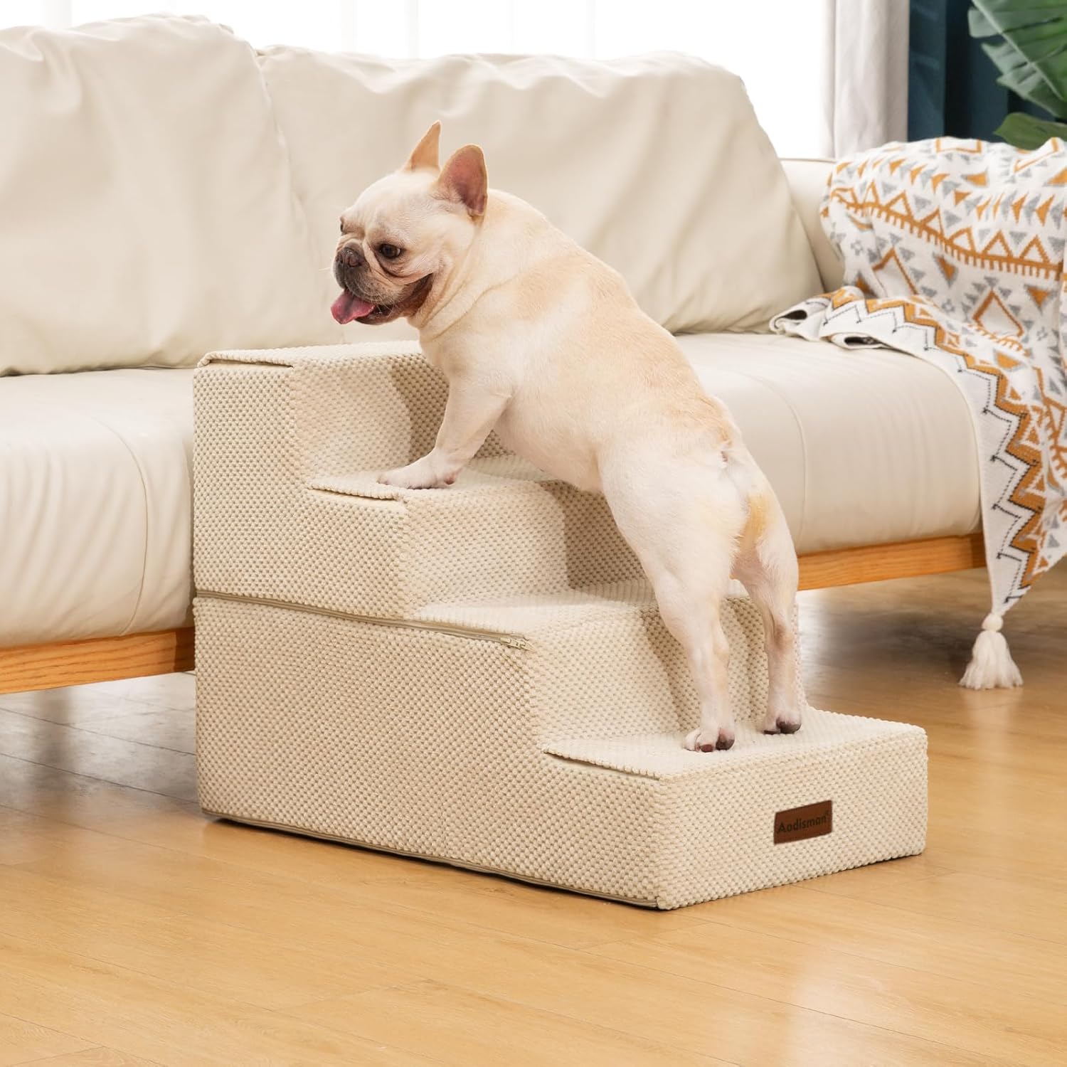 Dog Stairs for Bed 18.5" H, 4-Step Dog Steps for Small Dogs and Cats, Indoor Non-Slip Balanced Pet Stairs are Suitable for Puppy, Older Cat,Beige