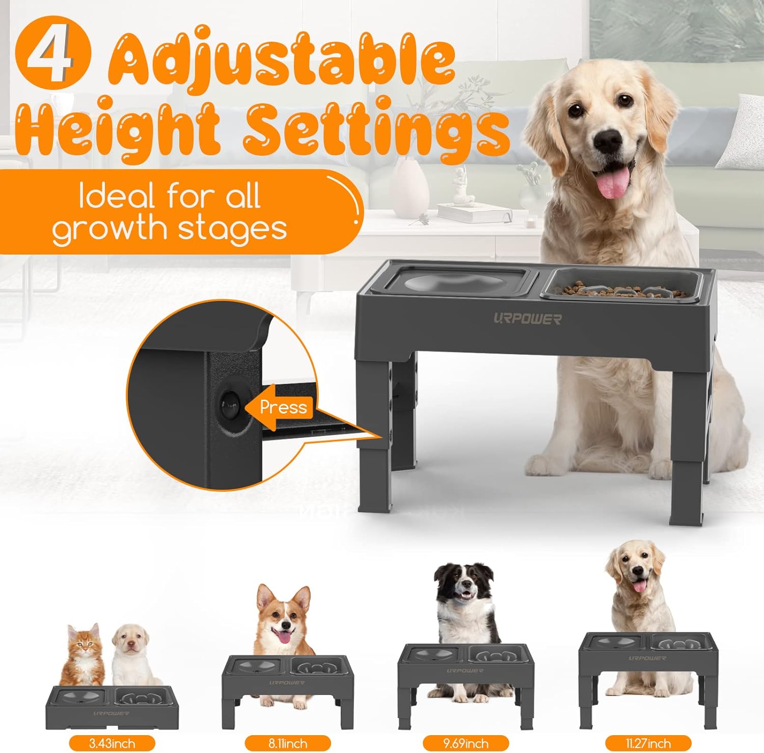 URPOWER 2-in-1 Elevated Slow Feeder with No Spill Dog Water Bowl 4 Height Adjustable Raised Bowl Stand for Small to Large Dogs, Cats & Pets