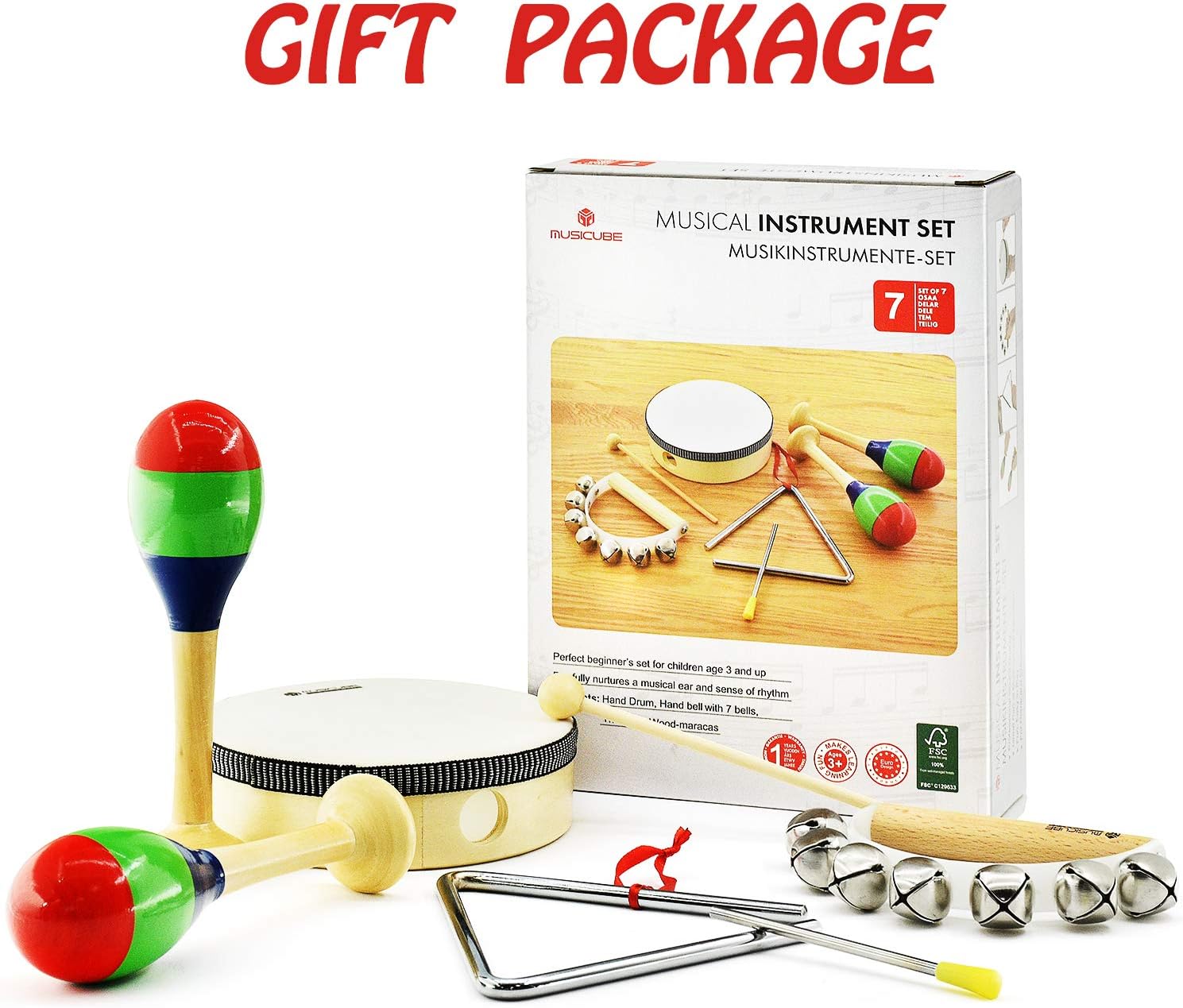MUSICUBE 7 Pcs Musical Instrument Toys Set for Kids Wooden Percussion Instrument with Hand Drum, Maracas, Triangles, Hand Bell Educational Instrument for Toddler Birthday Gift for Boys Girls Aged 3+