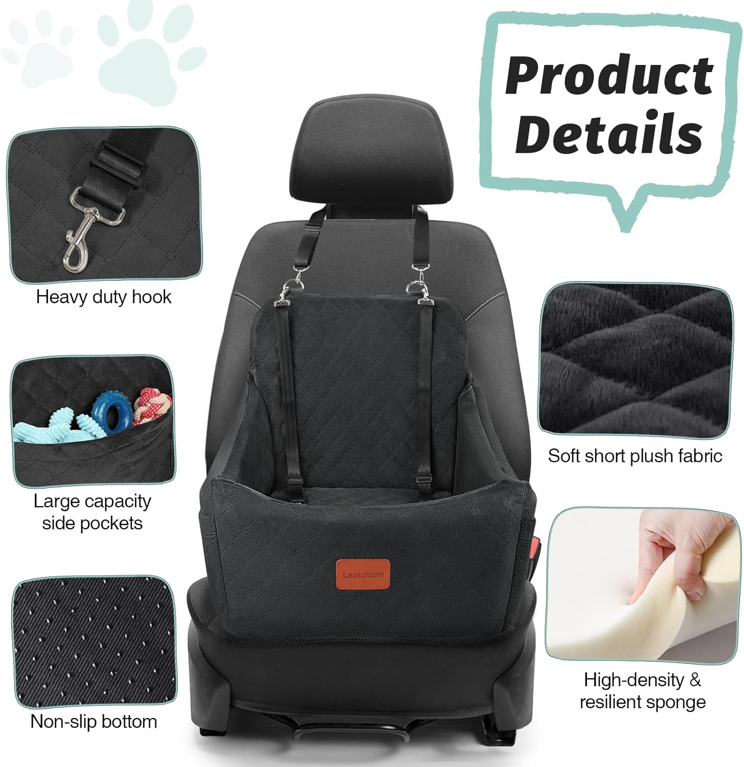 Dog Car Seat for Dogs Up to 35lbs,Fully Detachable and Washable,Memory Foam Covered Soft Fabric,Easy to Install with Adjustable Straps,Anti-Slip Bottom,Two Side Pockets(Black,Medium)