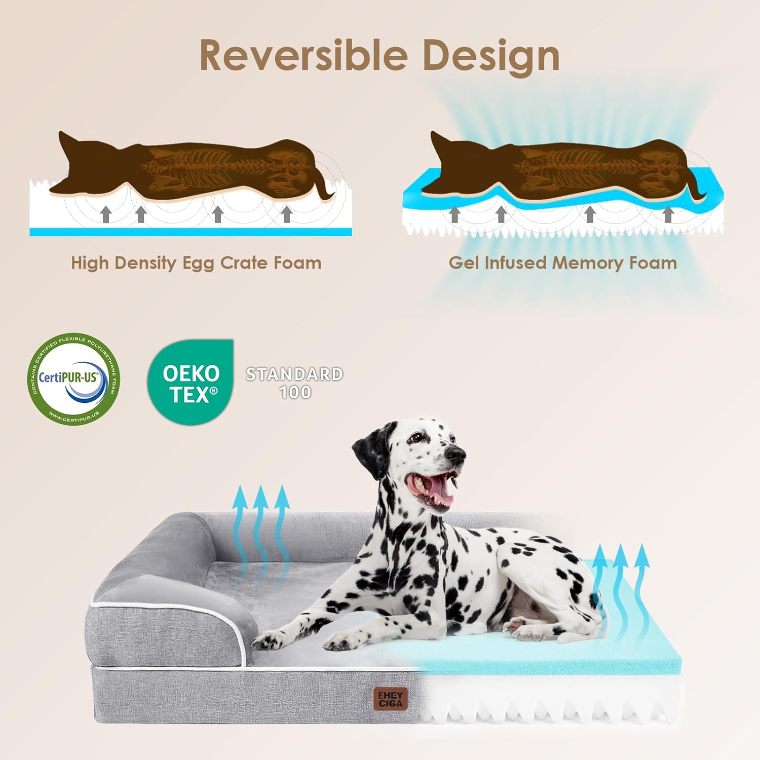EHEYCIGA Orthopedic XL Dog Beds, Waterproof Memory Foam Dog Bed for Extra Large Dogs, Non-Slip Bottom and Egg-Crate Foam Big Pet Couch Bed with Washable Removable Cover, Grey