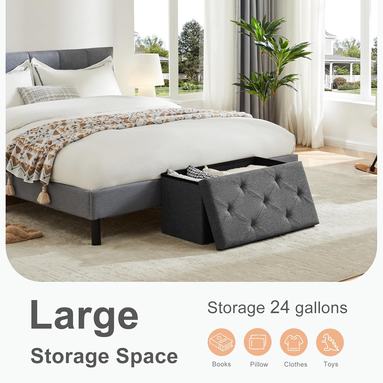 Sweetcrispy 30 Inches Folding Storage Ottoman Bench, Large End of Bed Foot Rest Stools Ottoman Storage Chest with Padded Seat for Bedroom, Living Room, Entryway, Holds up to 660 lb, Deep Grey