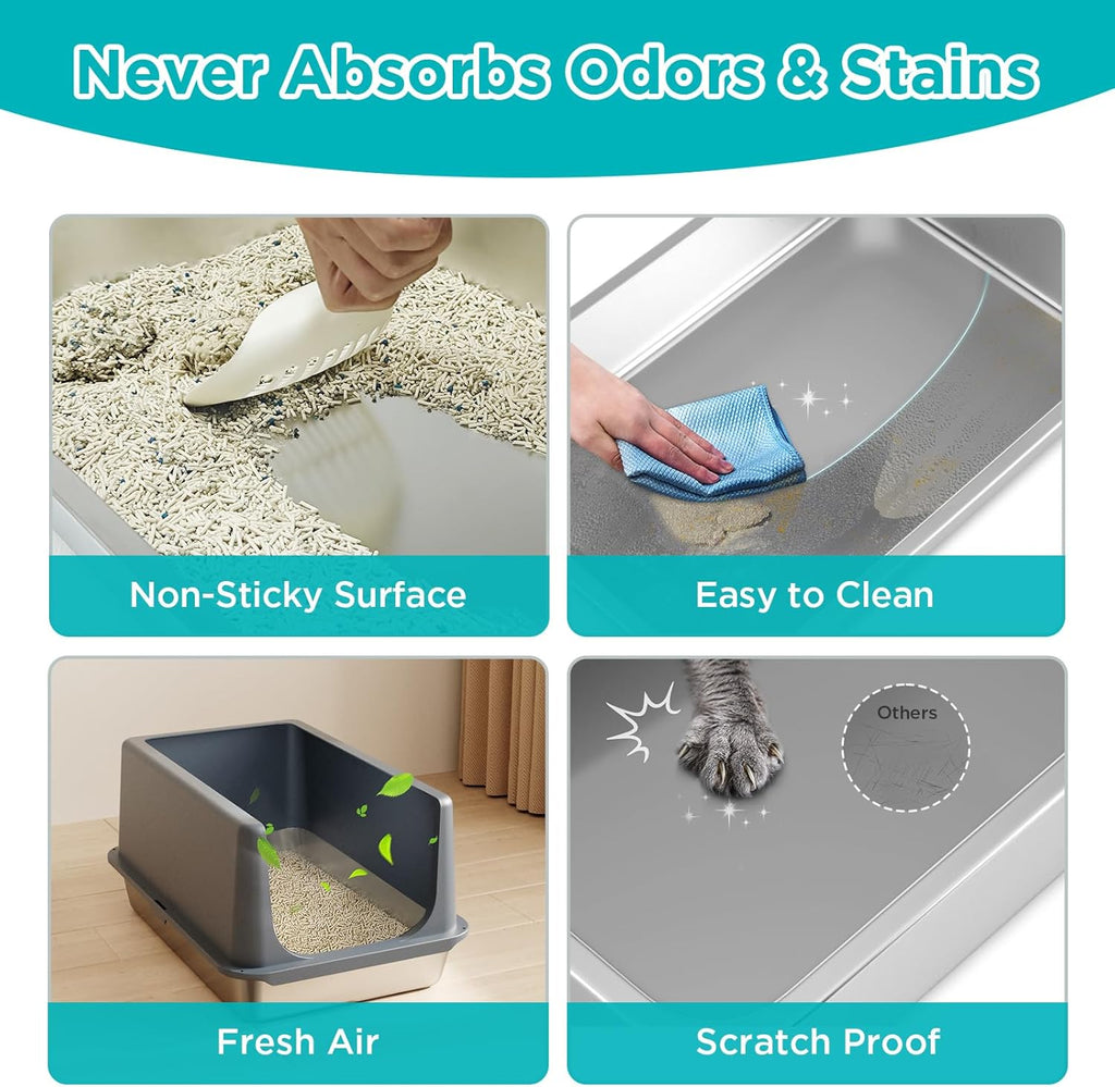 LIHONG Stainless Steel Litter Box with Lid, XL Metal Cat Litter Tray for Indoor Cats, Enclosure Cat Litter Pan for Large Cats, Non-Sticky Large Kitty Litter Box, Anti-Leakage, 23.5" X 15.6" X 12"