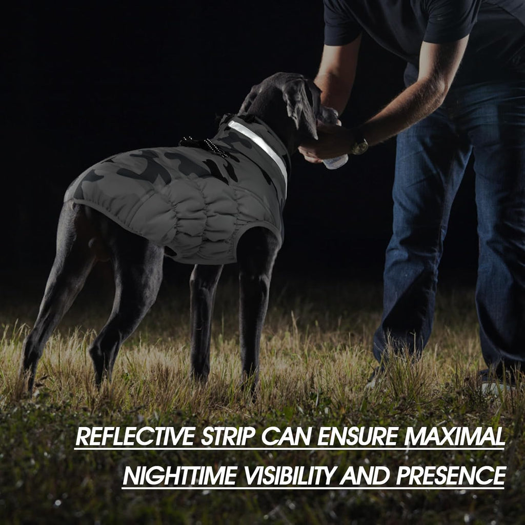 FUAMEY Dog Coat for Large Dogs,Waterproof Dog Winter Jacket with Harness Built in Puppy Cold Weather Coats Reflective Pet Vest with Zipper Warm Fleece Dogs Snowsuit Windproof Grey Camo XXXL