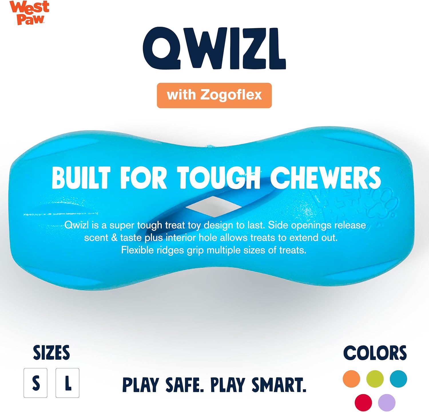 West Paw Zogoflex Qwizl Interactive Treat Dispensing Dog Puzzle Treat Toy for Dogs, 100% Guaranteed Tough, It Floats!, Made in USA, Large, Aqua Blue