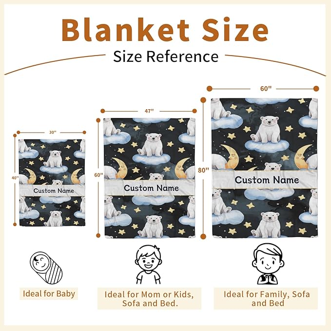 Custom Baby Blanket with Name, Double Layer Soft Dot Back Personalized Baby Blanket for Boys Girls, Polar Bear Blanket for Newborn Toddler, Customized Swaddle for Kids Birthday Gifts(30" x40)