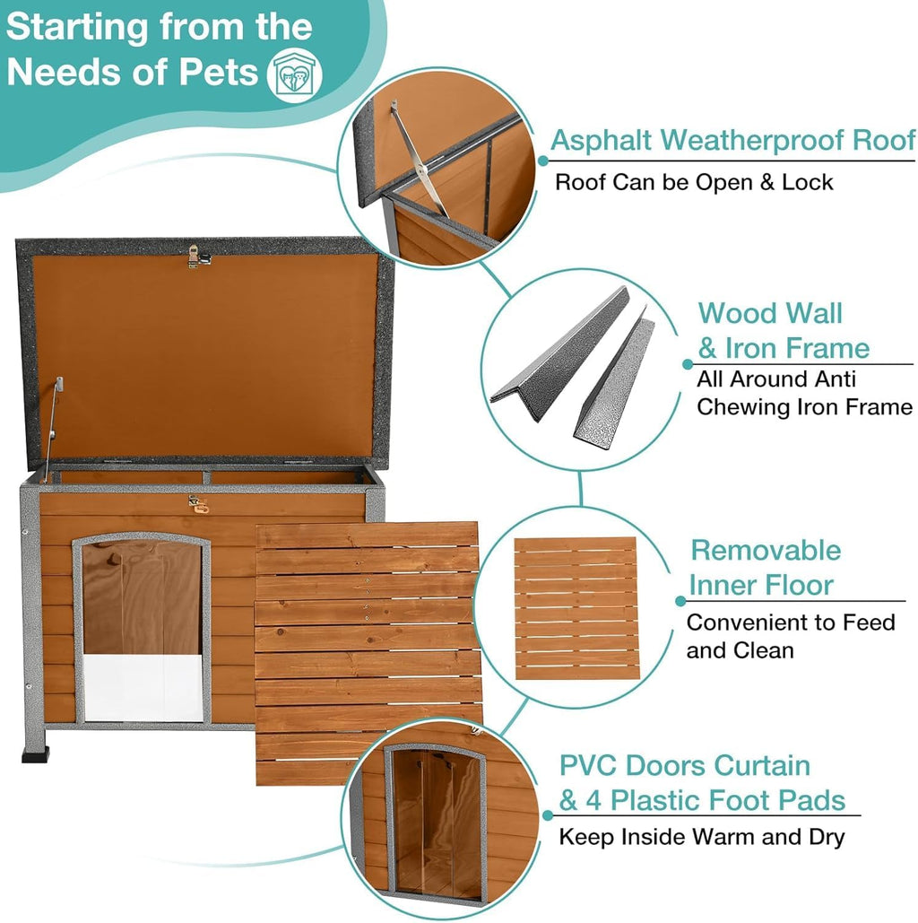 Feral Dog House Outdoor,Anti Bite Iron Frame Dog Kennel,Wood Warm Pets Home,Insulated Weatherproof Outside Shelter for Feral Animal (33.5"(L)×22"(W)×25.2"(H)-Brown-in)
