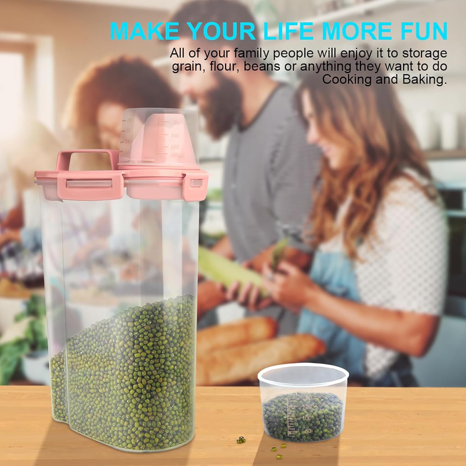 Rice Airtight Dry Food Storage Containers, BPA Free Plastic Storage Bin Dispenser with Pourable Spout, Measuring cup for Cereal, Flour and Baking Supplies, Include a Stainless Steel Whisk