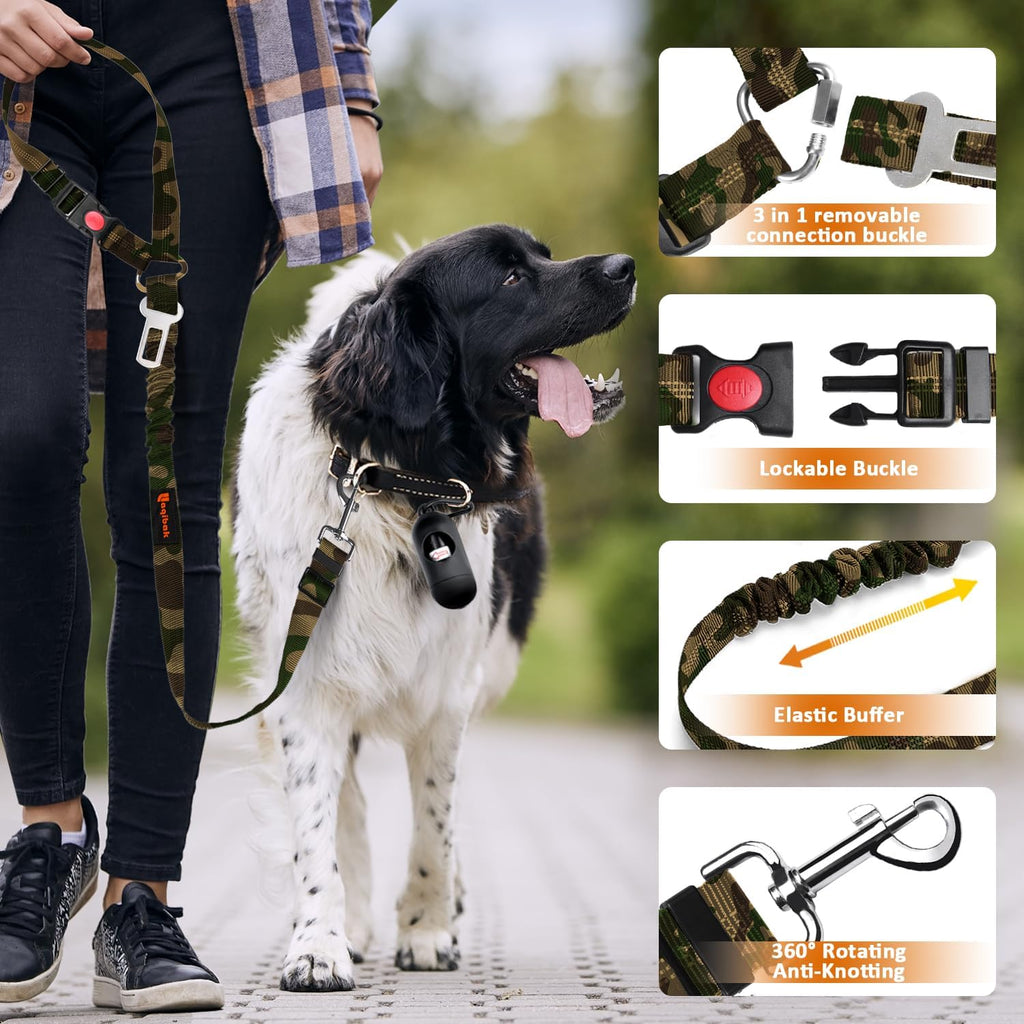 Removable Dog Seat Belt Harness for Car, 3 in 1 Pet Dog Car Seatbelt Leash, Retractable Restraint Secures to Vehicle Headrest & Adjustable Reflective Bungee Dog Seatbelt Tether, Camouflage