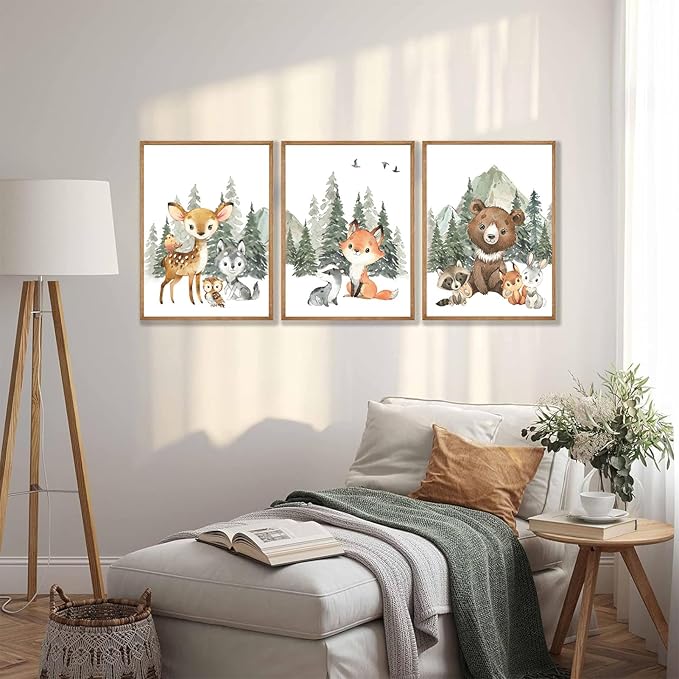 3Pcs Woodland Animal Nursery Canvas Wall Art Forest Adventure Theme Animals Picture Posters Wall Decor Cute Watercolor Deer Bear Fox Painting Print Artwork for Kids Baby Bedroom Decor 16x24in Unframed